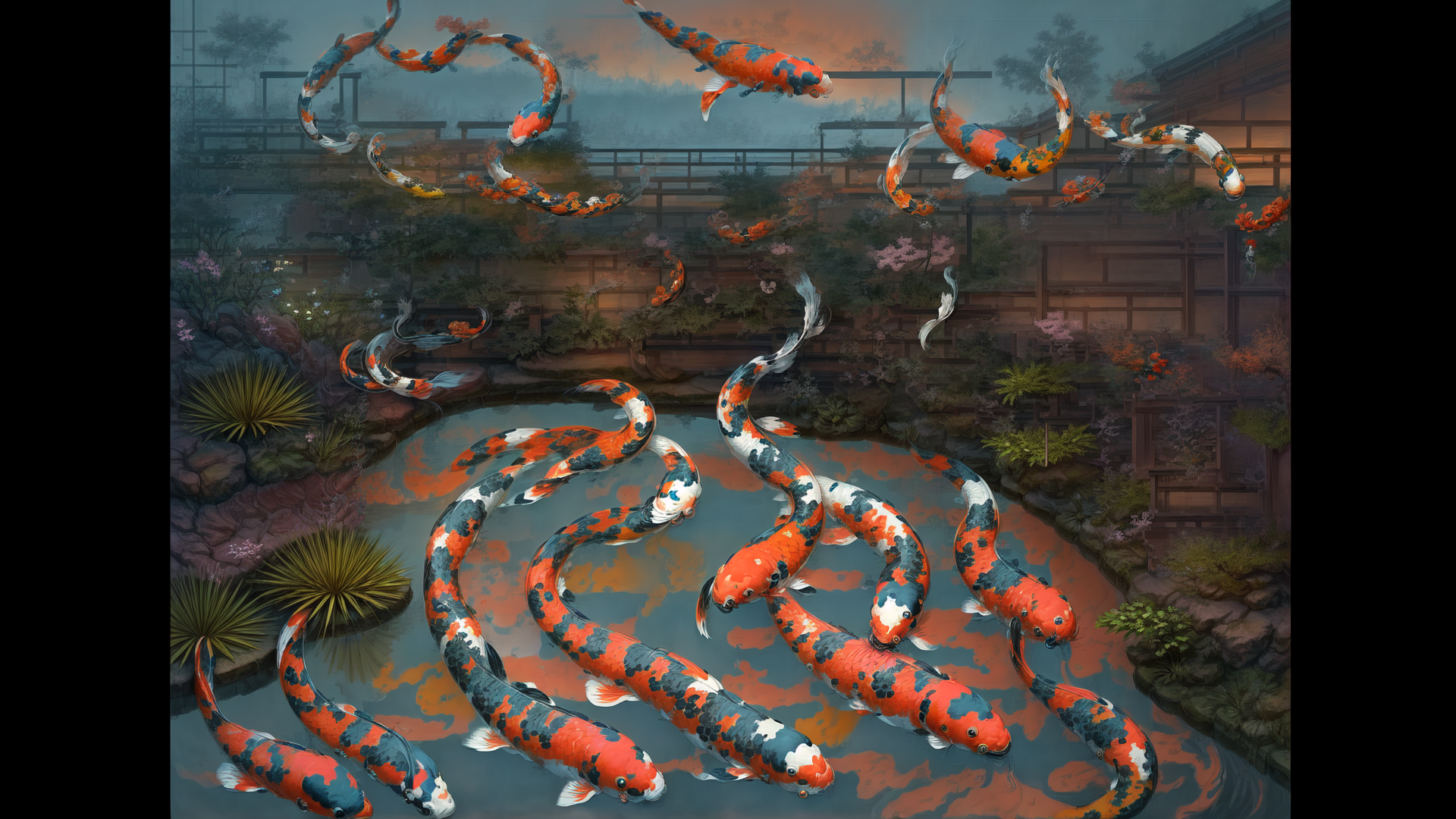 AI generated wallpaper featuring koi fish, pond, Japanese garden, bamboo, flowers, house, plants, water, rocks, sakura