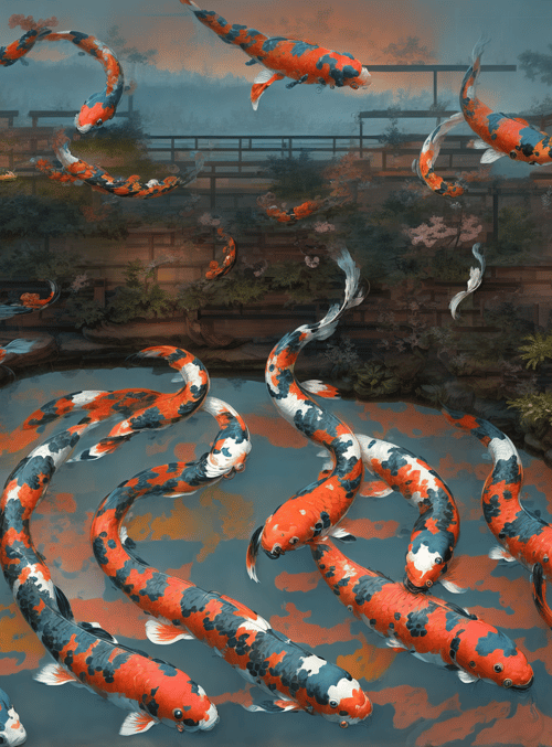 koi fish, pond, Japanese garden, bamboo, flowers, house, plants, water, rocks, sakura