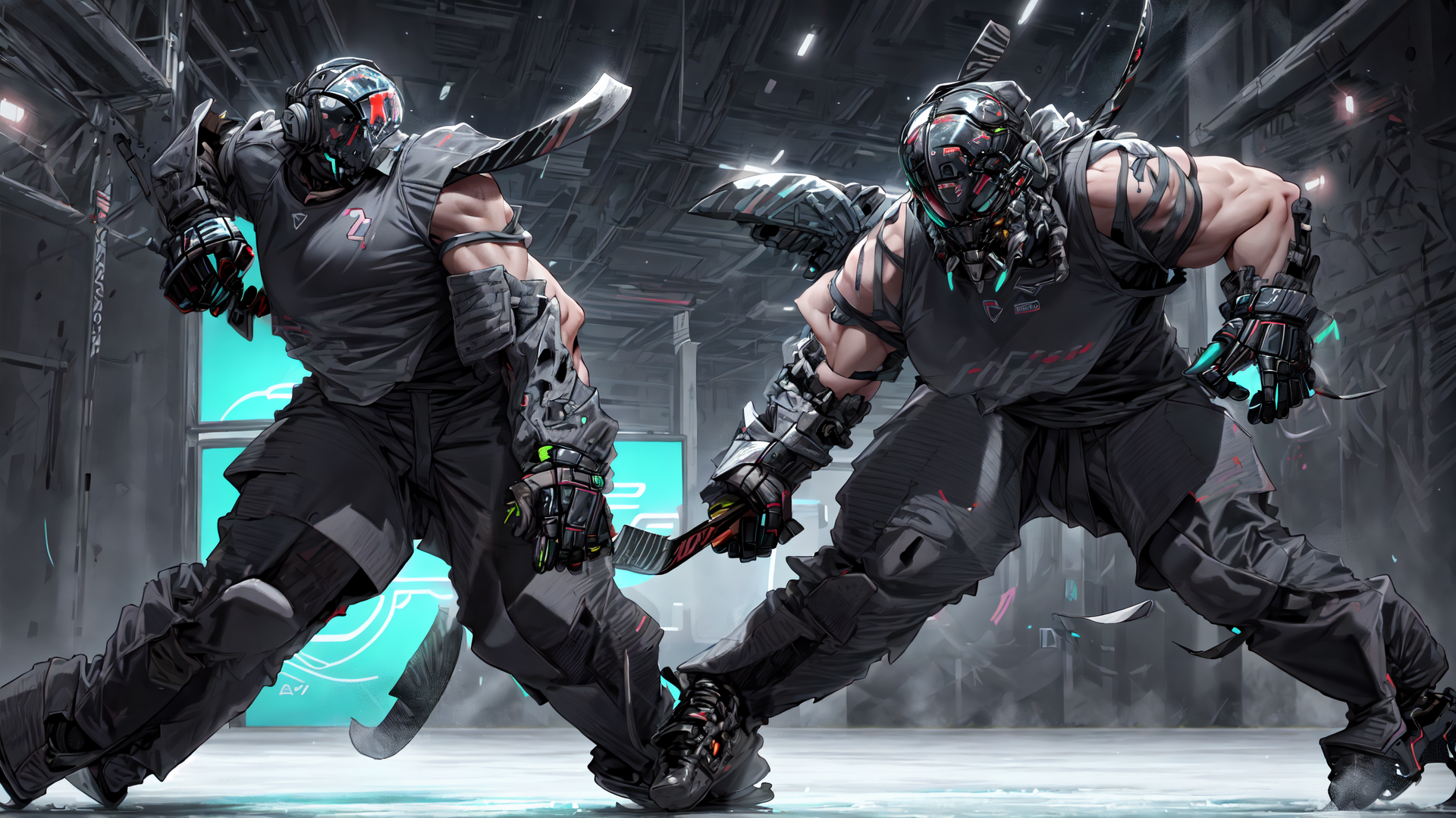 AI generated wallpaper featuring cyborg, combatants, hockey, armor, futuristic, robots, martial, wrestlers, gladiators, fighters