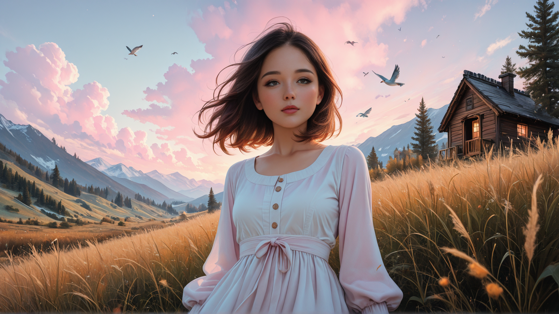 AI generated wallpaper featuring woman, house, mountains