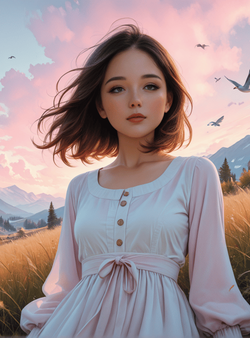woman, house, mountains