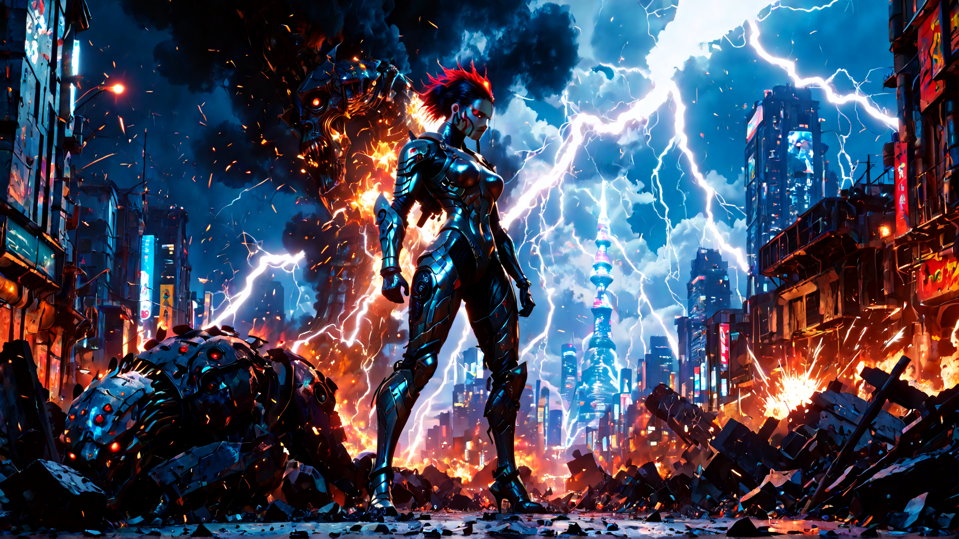 AI generated wallpaper featuring cyborg, robot, cityscape, skyscraper, neon, debris, electricity, fire, smoke, building