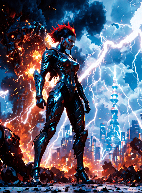 cyborg, robot, cityscape, skyscraper, neon, debris, electricity, fire, smoke, building