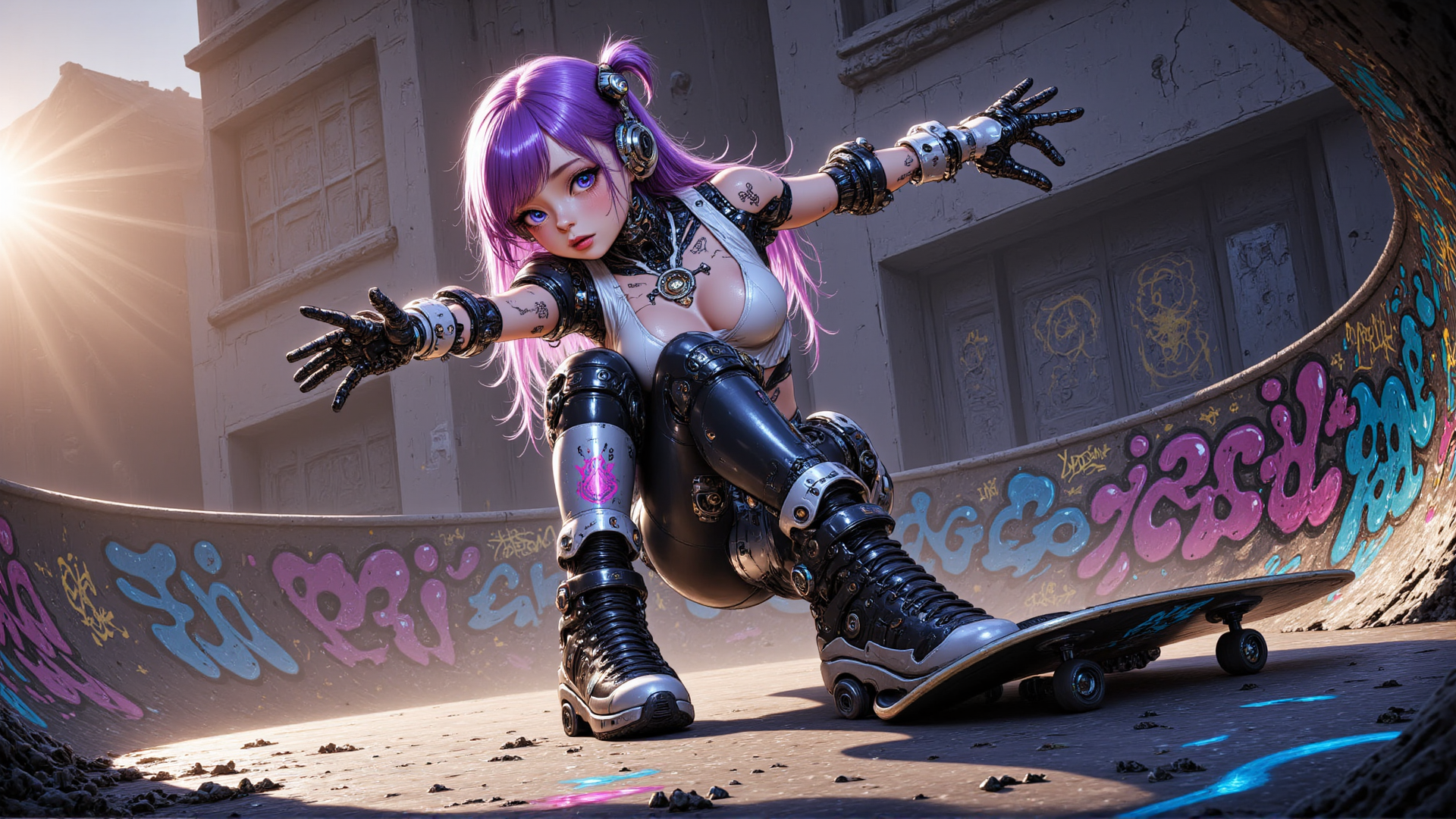 AI generated wallpaper featuring cyberpunk girl, skateboard, gloves, knee pads, graffiti, headphones, tattoo, gloves, boots, building