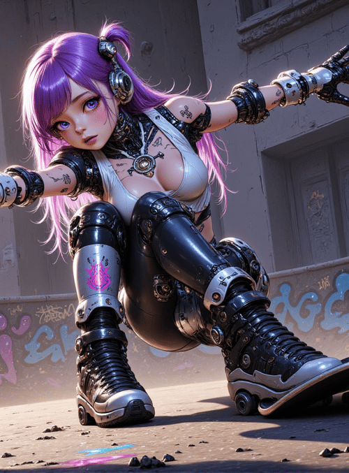 cyberpunk girl, skateboard, gloves, knee pads, graffiti, headphones, tattoo, gloves, boots, building