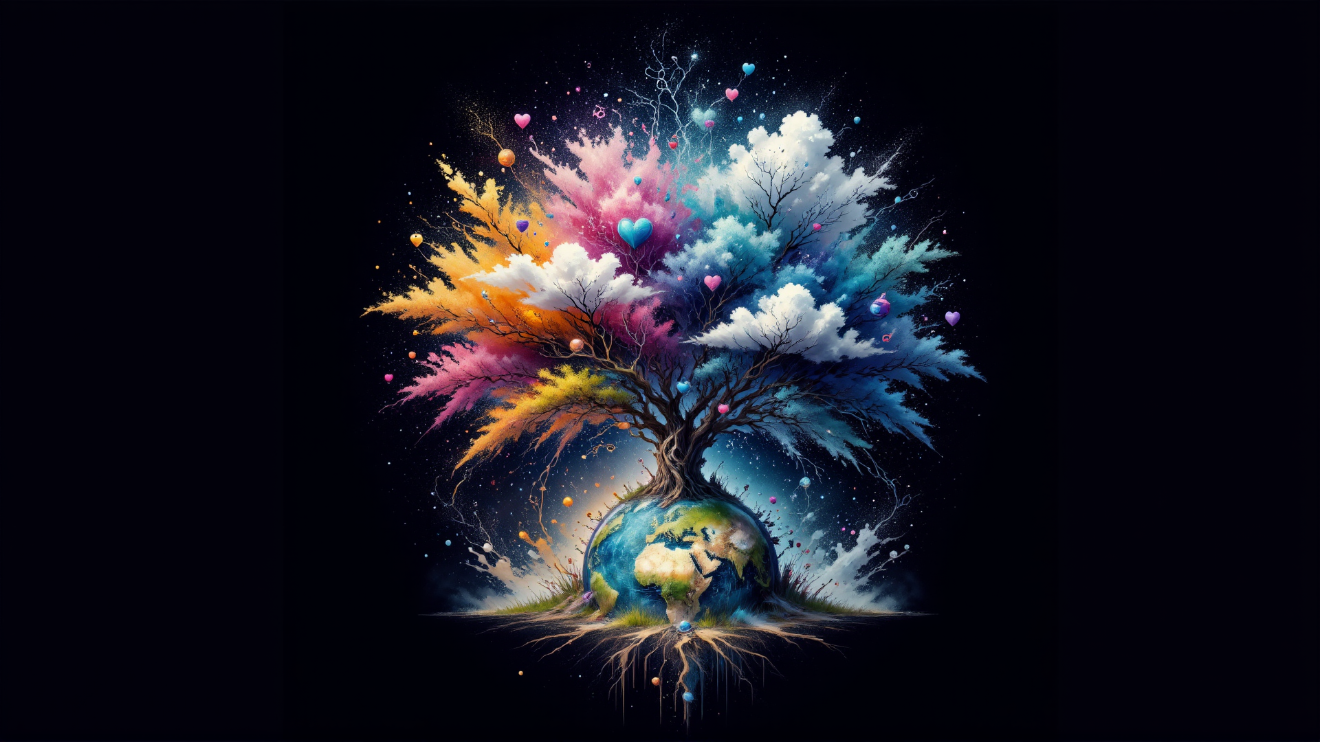 AI generated wallpaper featuring tree, earth, clouds, hearts, balloons