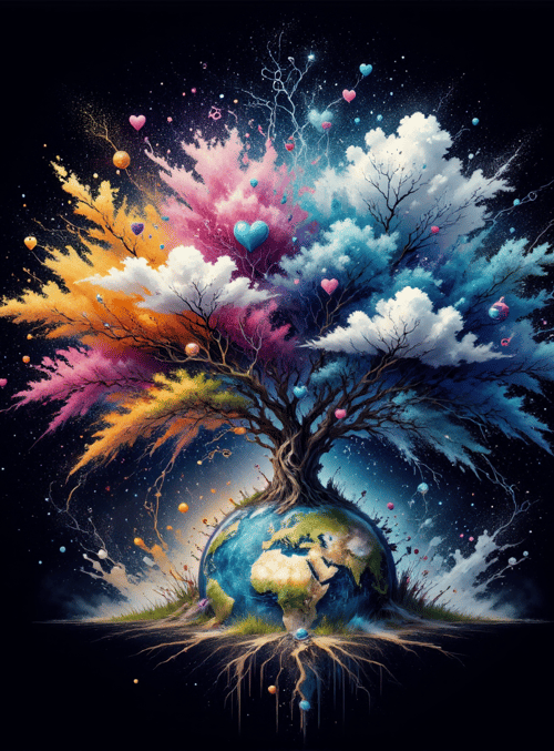 tree, earth, clouds, hearts, balloons