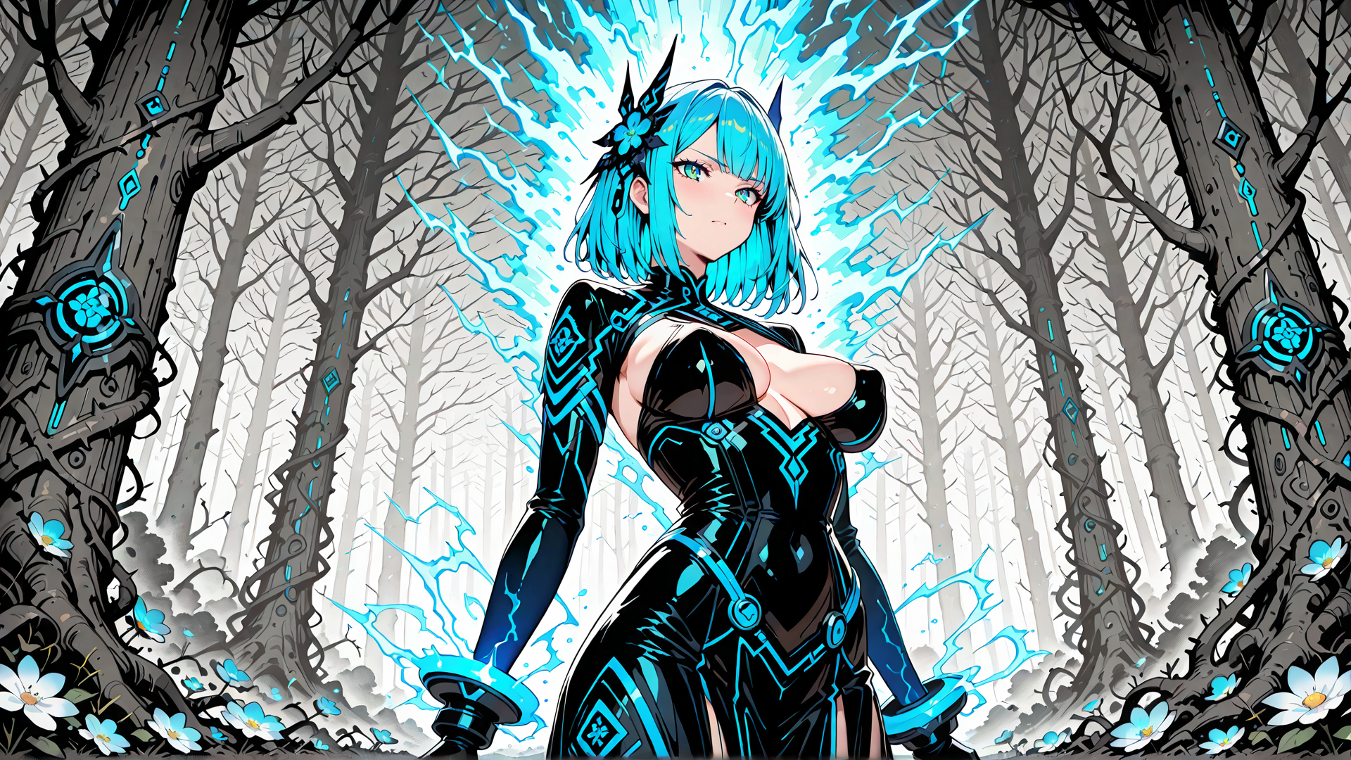 AI generated wallpaper featuring anime girl, electric aura, forest, trees, flowers, armor