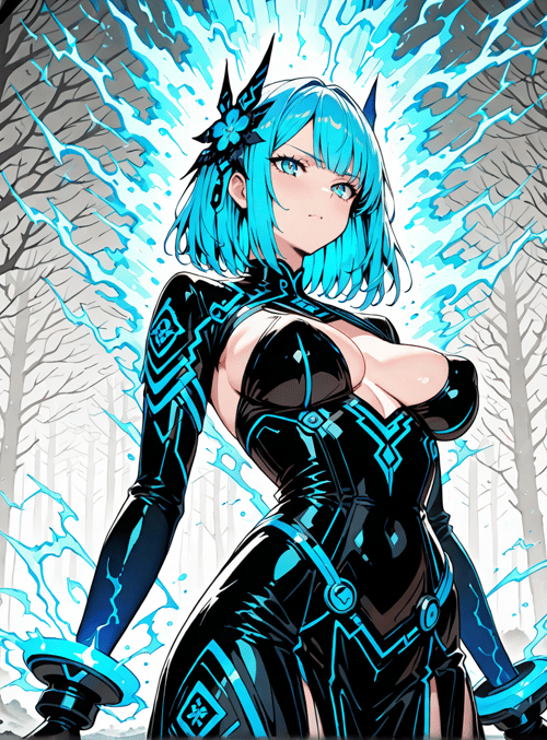 anime girl, electric aura, forest, trees, flowers, armor