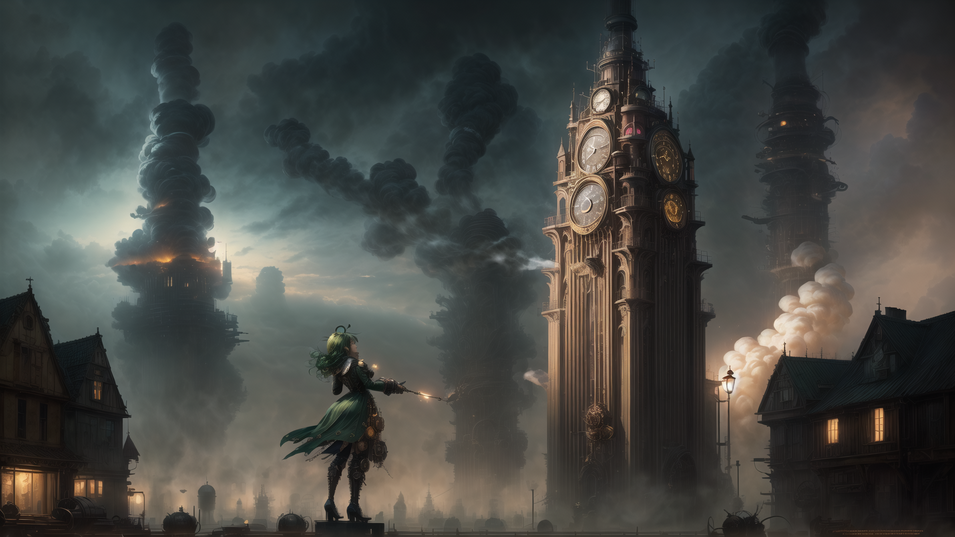AI generated wallpaper featuring girl, clock tower, smoke, buildings, steampunk