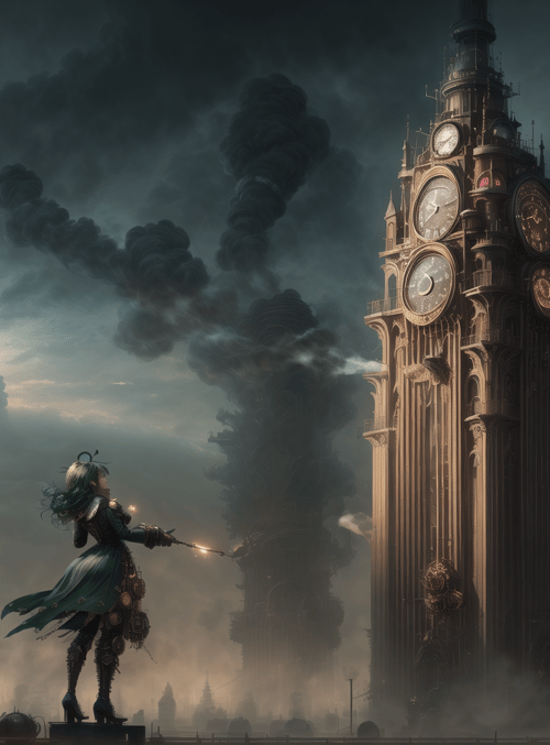 girl, clock tower, smoke, buildings, steampunk