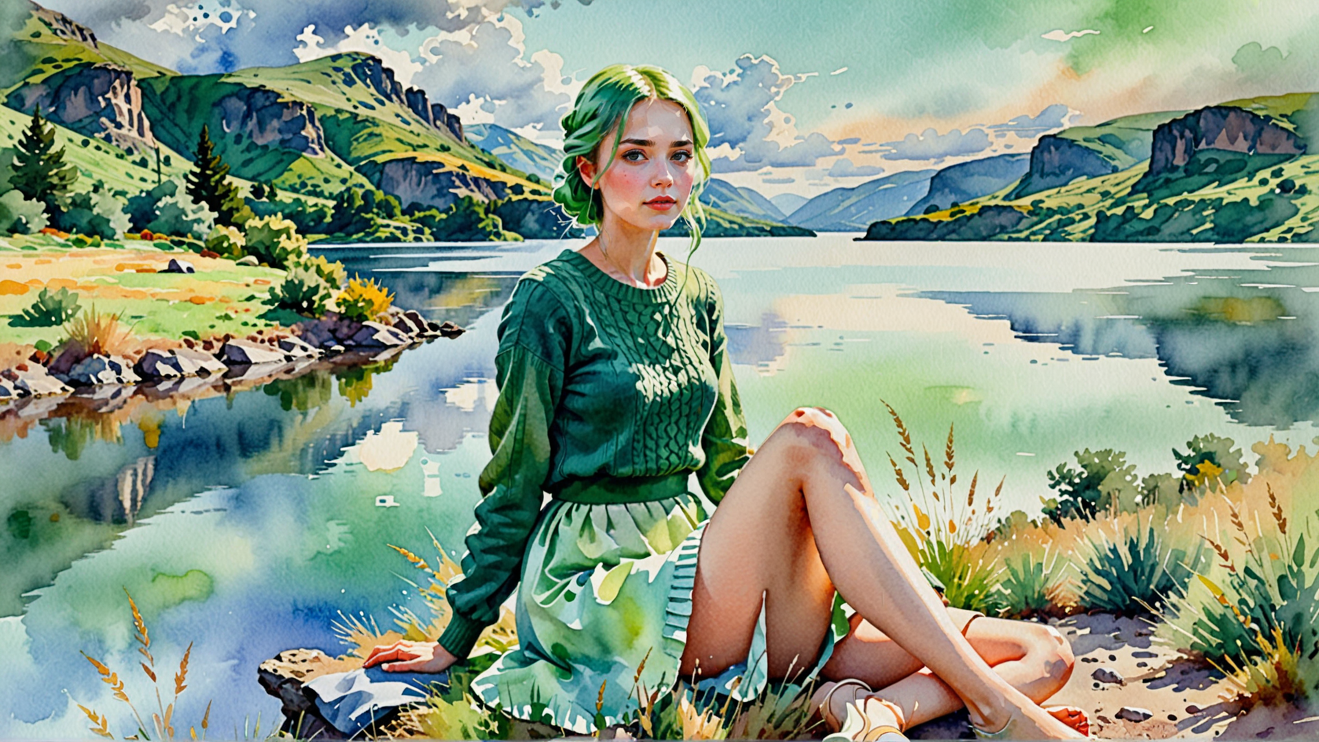 AI generated wallpaper featuring woman, lake, mountains, nature, grass, trees, sweater, skirt, rocks, clouds