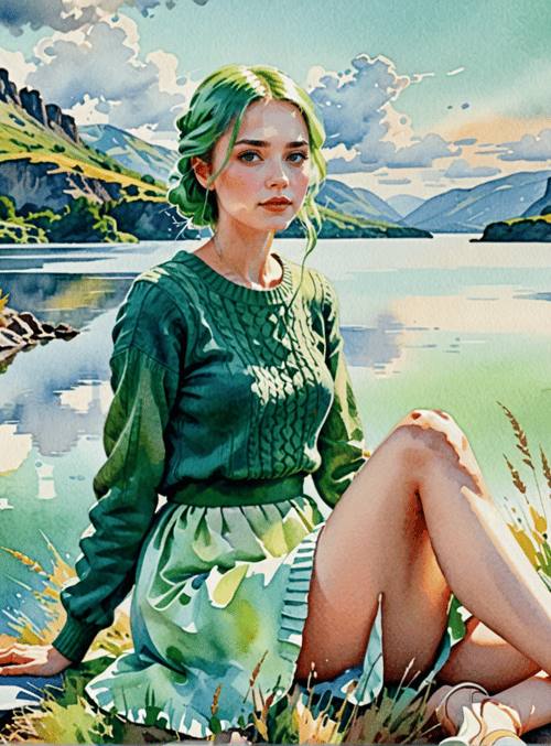 woman, lake, mountains, nature, grass, trees, sweater, skirt, rocks, clouds