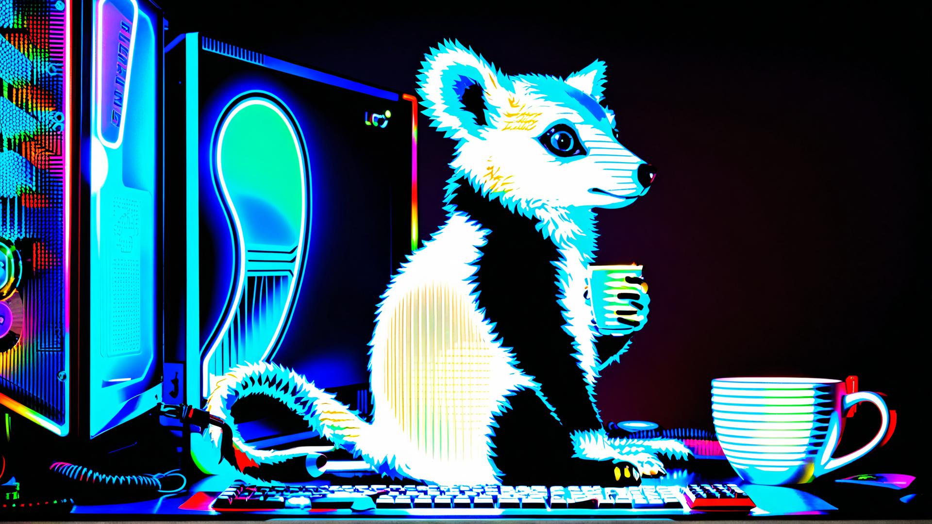AI generated wallpaper featuring fox, computer, cup, keyboard, monitor