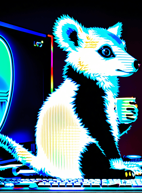 fox, computer, cup, keyboard, monitor