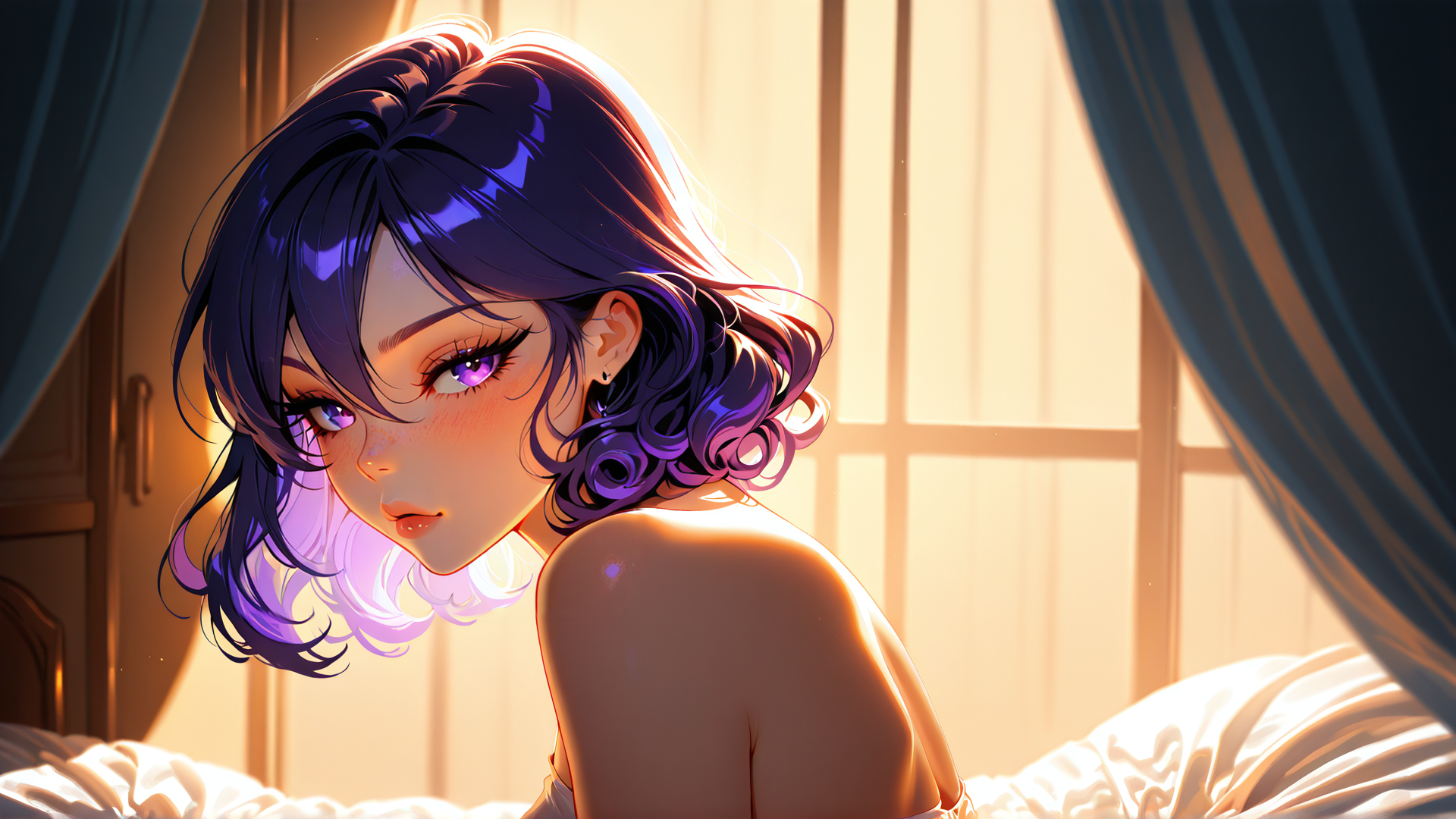 AI generated wallpaper featuring woman, hair, bed, curtains, sunlight