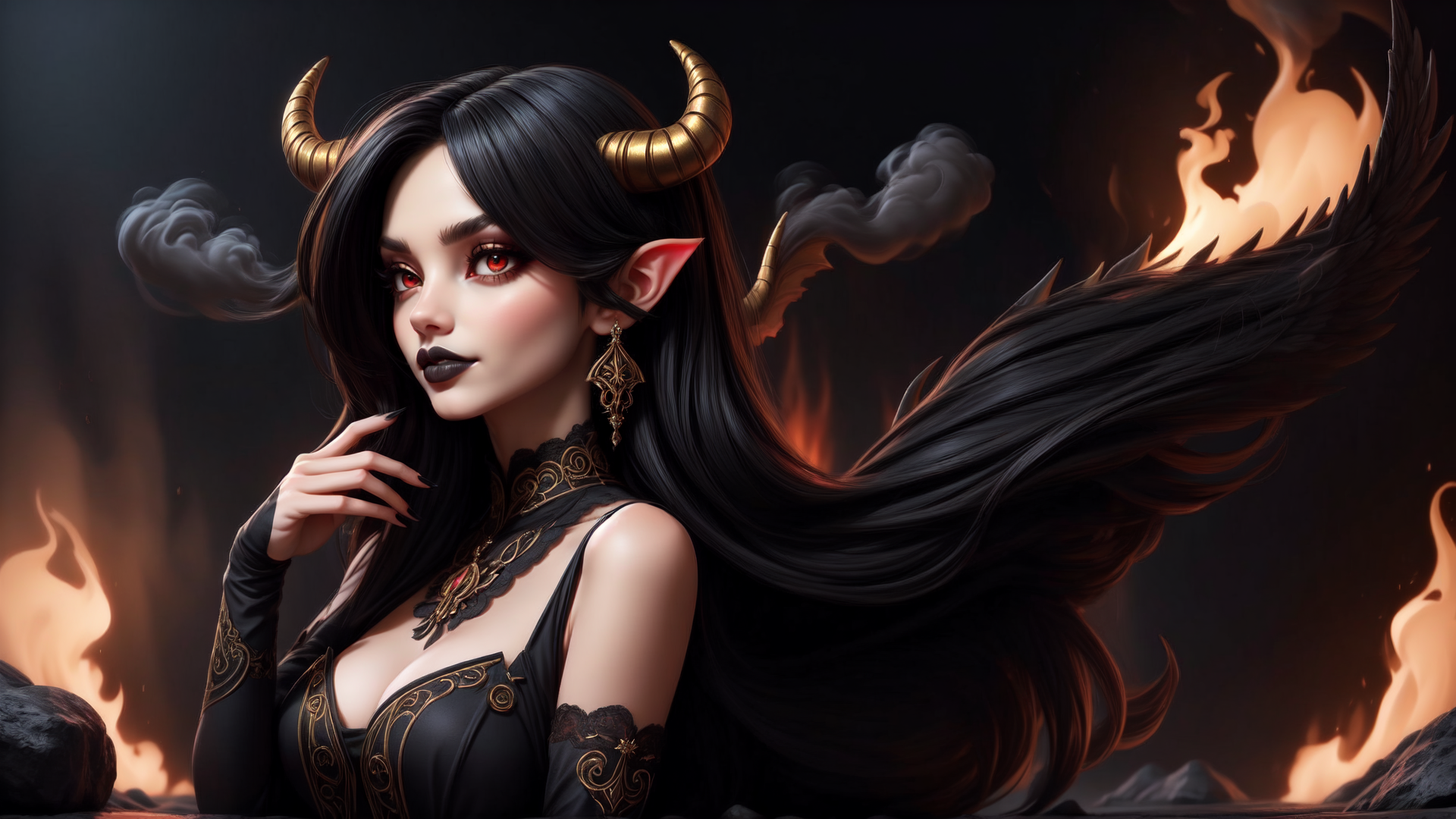 AI generated wallpaper featuring demon, woman, horns, wings, fire