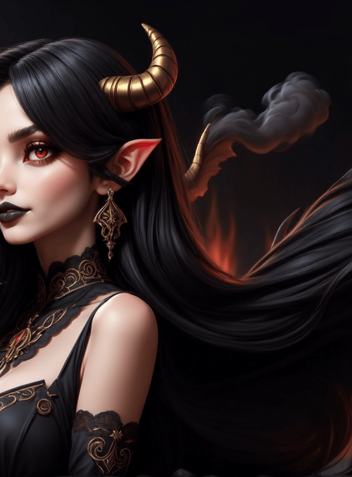 demon, woman, horns, wings, fire