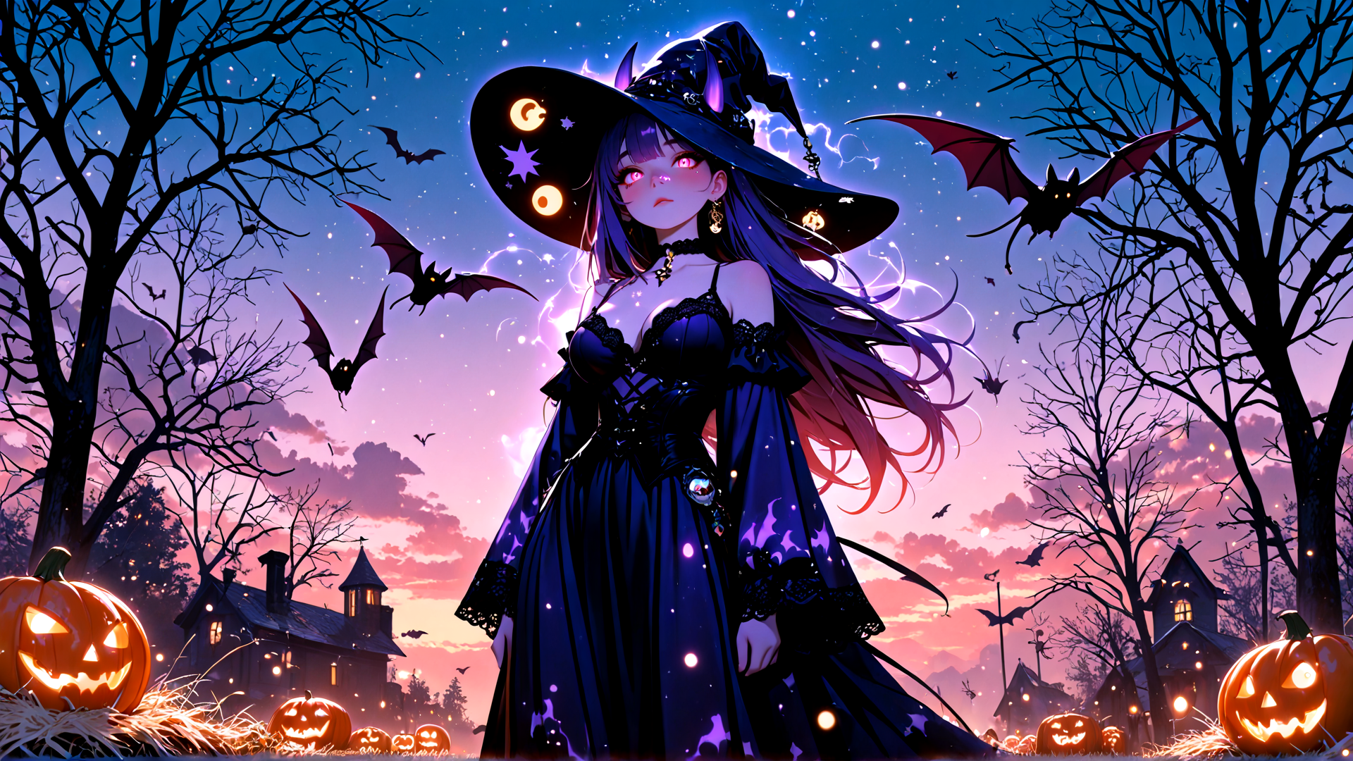 AI generated wallpaper featuring witch, bats, pumpkin, trees, house, moon, stars, hat, dress