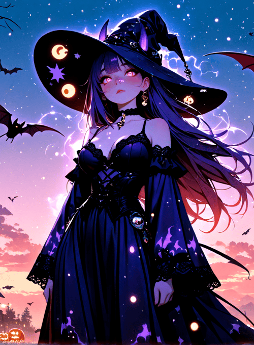 witch, bats, pumpkin, trees, house, moon, stars, hat, dress