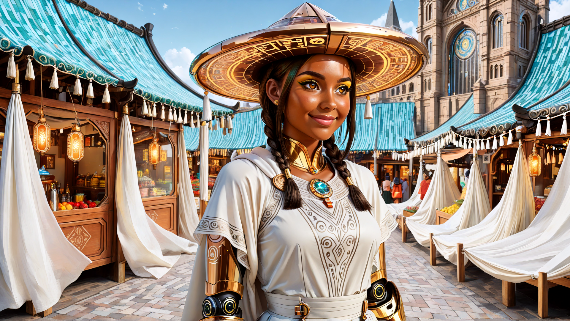 AI generated wallpaper featuring woman, market, vendor, hat, braid, market stall, building, lantern, fruit, silk