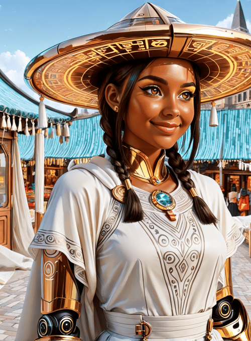 woman, market, vendor, hat, braid, market stall, building, lantern, fruit, silk