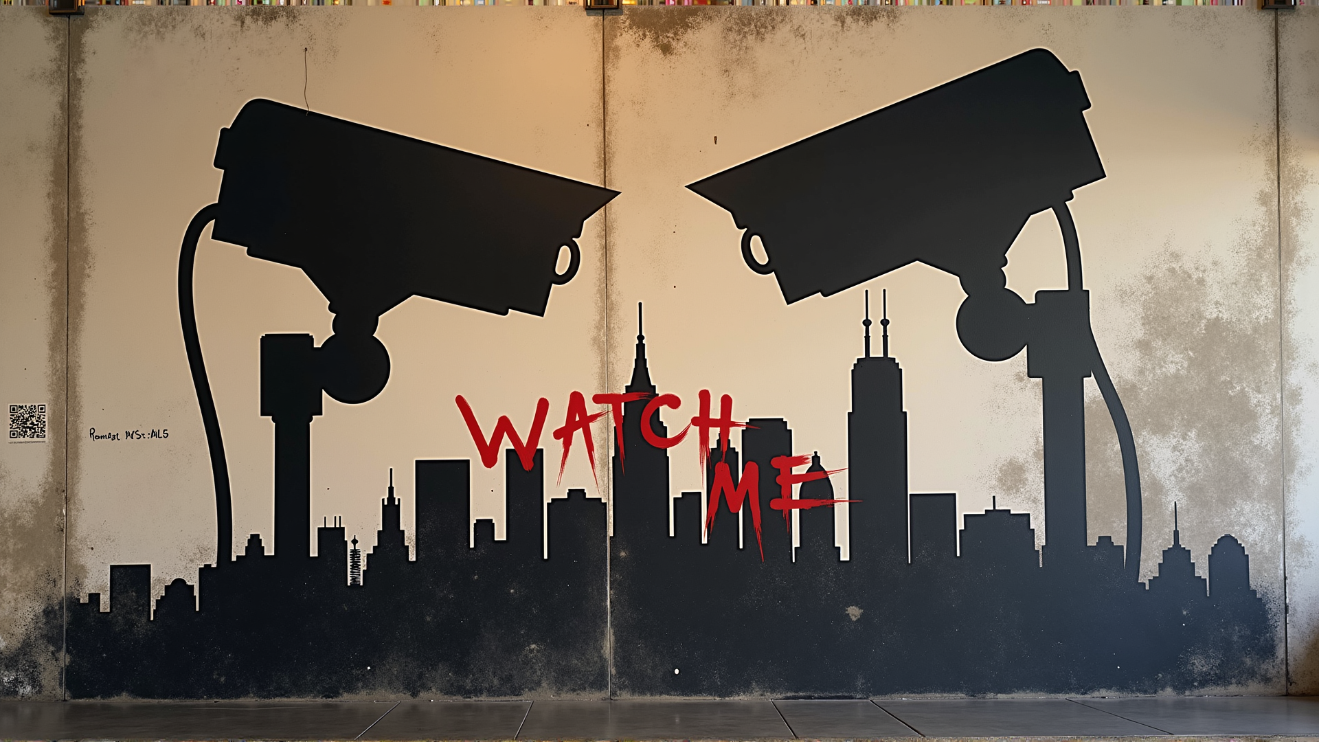 AI generated wallpaper featuring camera, cityscape, text, wall, silhouette