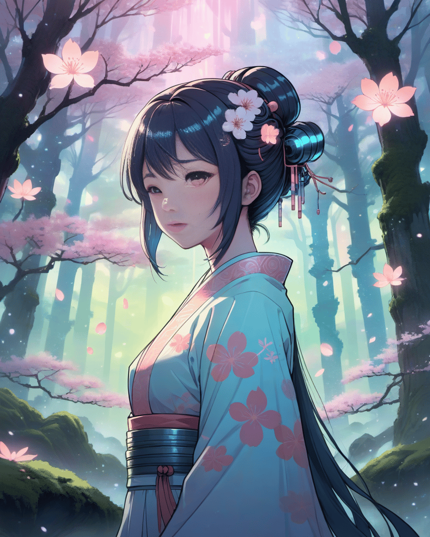 AI generated wallpaper featuring woman, sakura, kimono