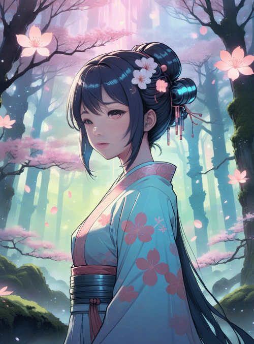 woman, sakura, kimono