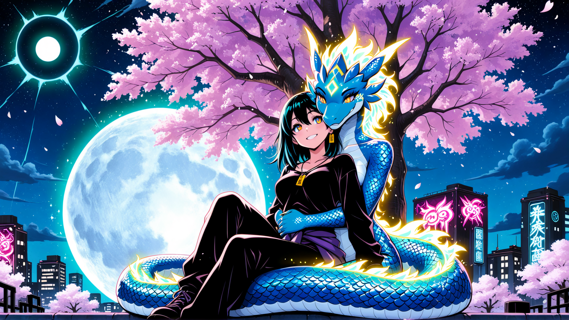 AI generated wallpaper featuring girl, dragon, cherry tree, moon, city