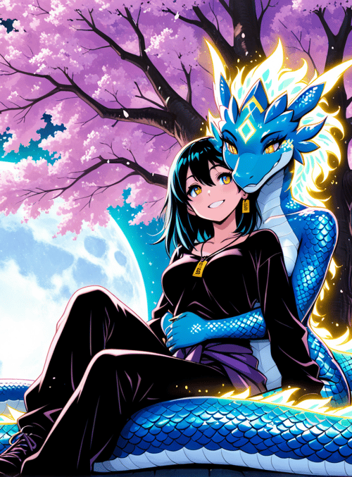girl, dragon, cherry tree, moon, city