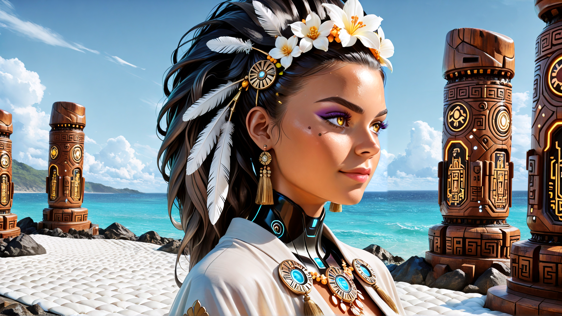 AI generated wallpaper featuring woman, feathers, flowers, tiki, necklace, earrings, beach, ocean, sky, sundial