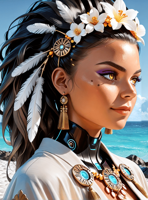 woman, feathers, flowers, tiki, necklace, earrings, beach, ocean, sky, sundial