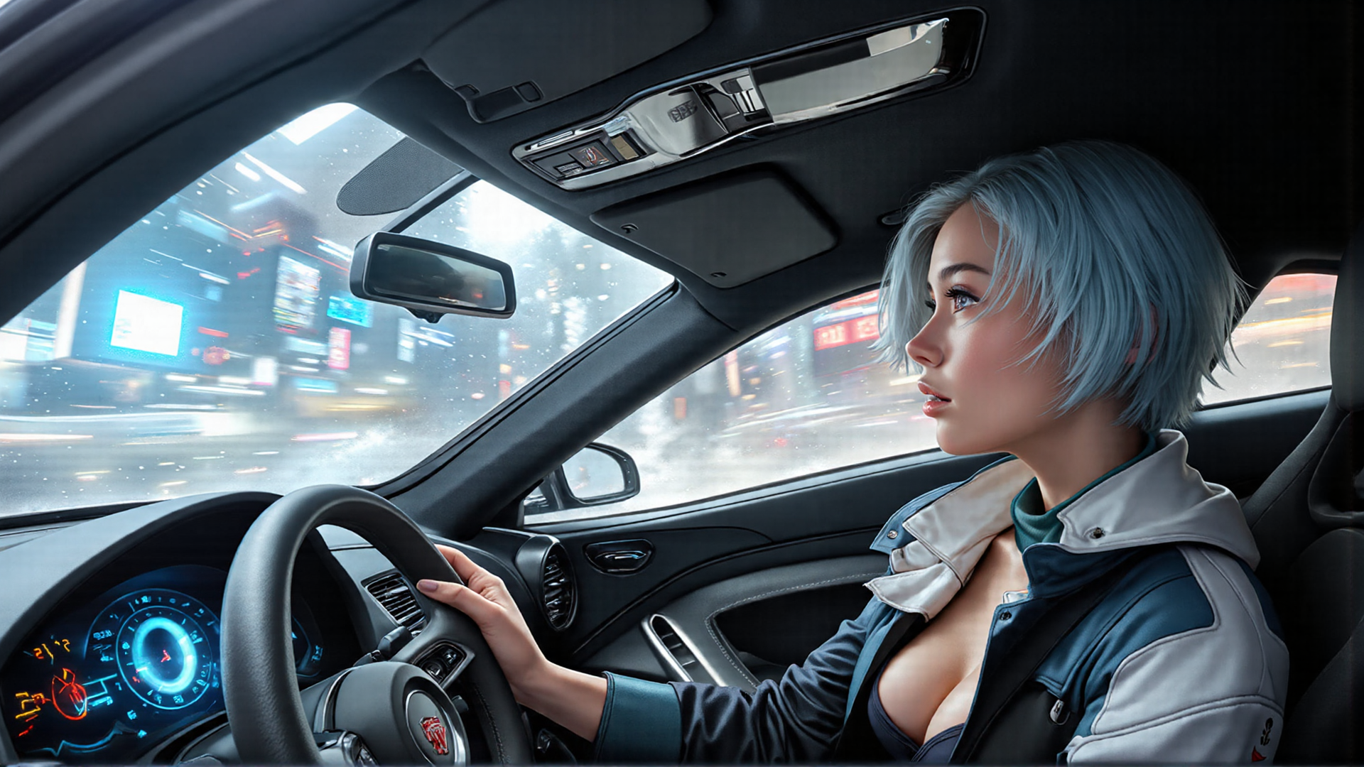 AI generated wallpaper featuring driver, car, city, steering wheel, digital dashboard, rain, neon lights, mirror, jacket, urban