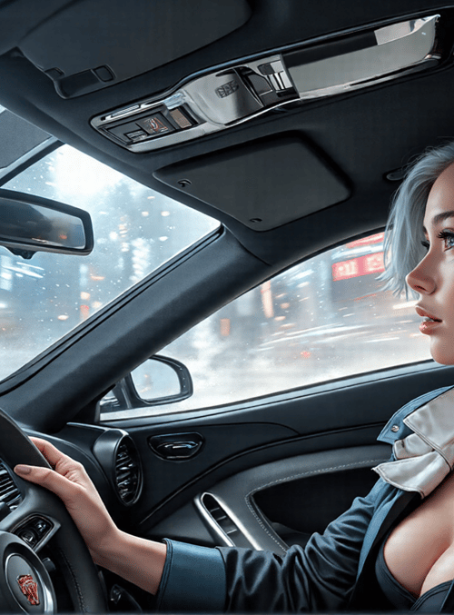 driver, car, city, steering wheel, digital dashboard, rain, neon lights, mirror, jacket, urban