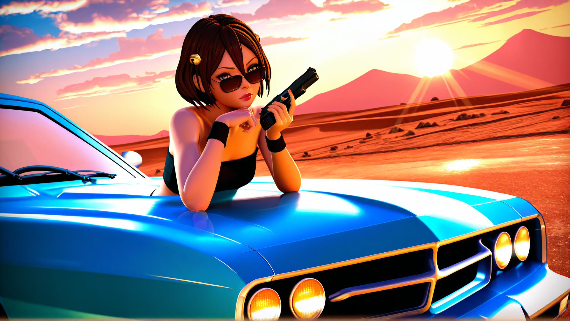 AI generated wallpaper featuring woman, car, gun, sunglasses, desert, mountains, sun