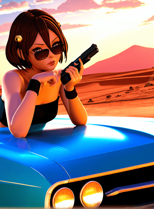 woman, car, gun, sunglasses, desert, mountains, sun