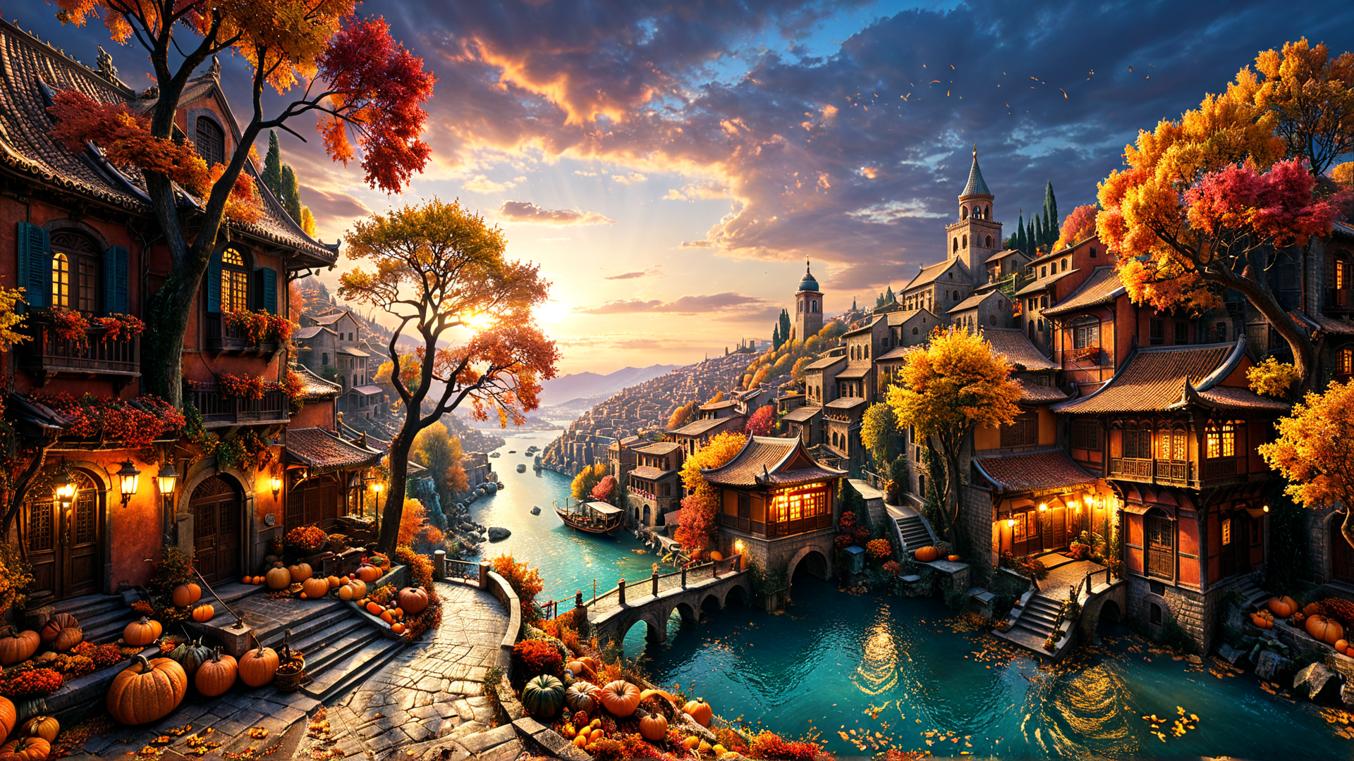 AI generated wallpaper featuring village, river, pumpkins, trees, buildings