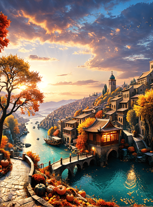 village, river, pumpkins, trees, buildings