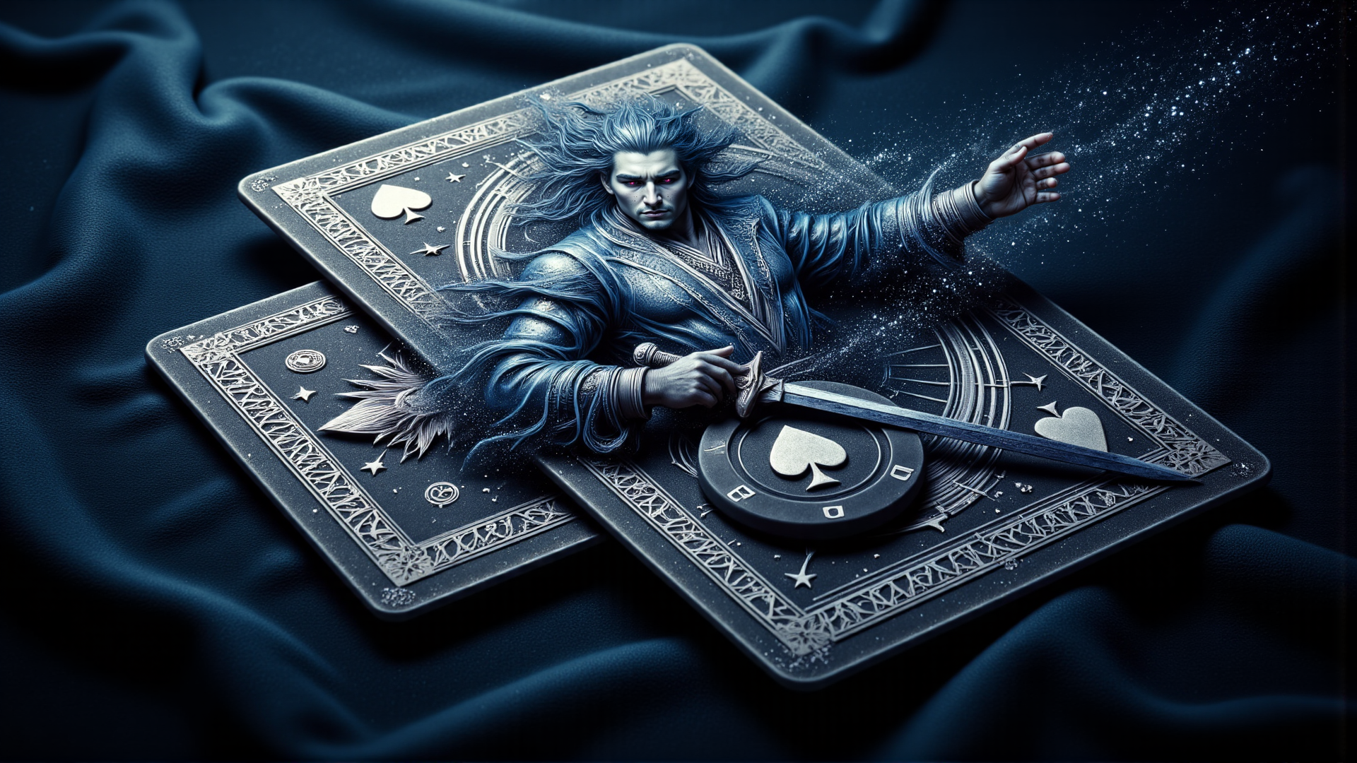 AI generated wallpaper featuring man, cards, sword