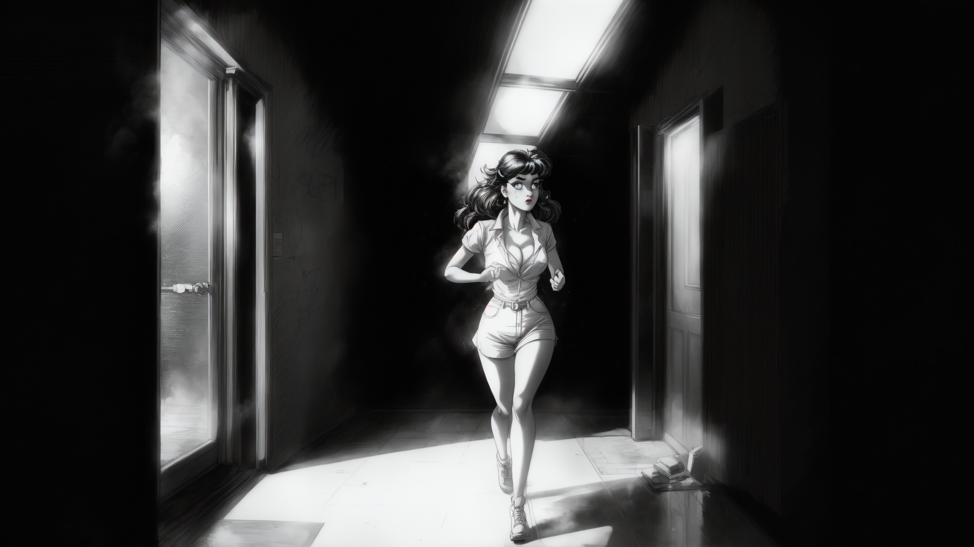 woman, corridor, light