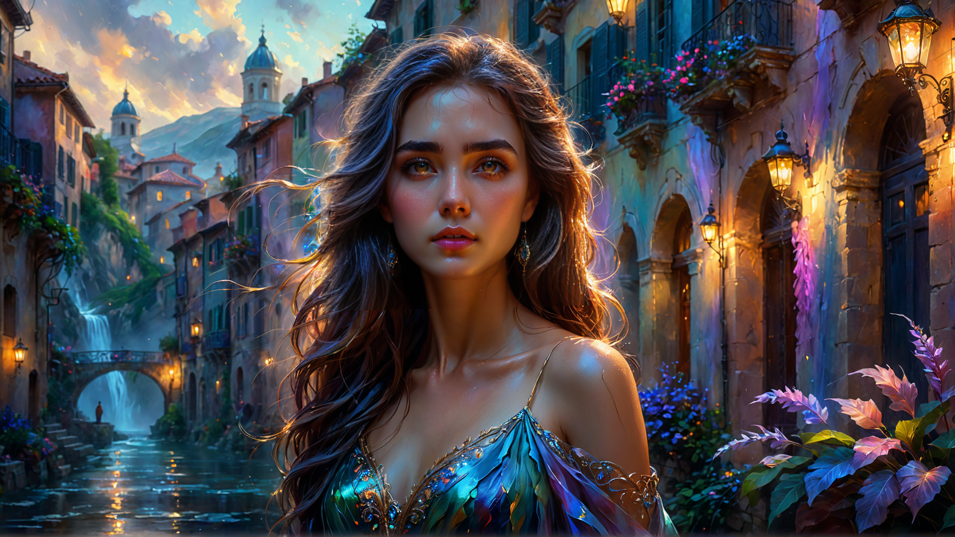 AI generated wallpaper featuring woman, cityscape, water