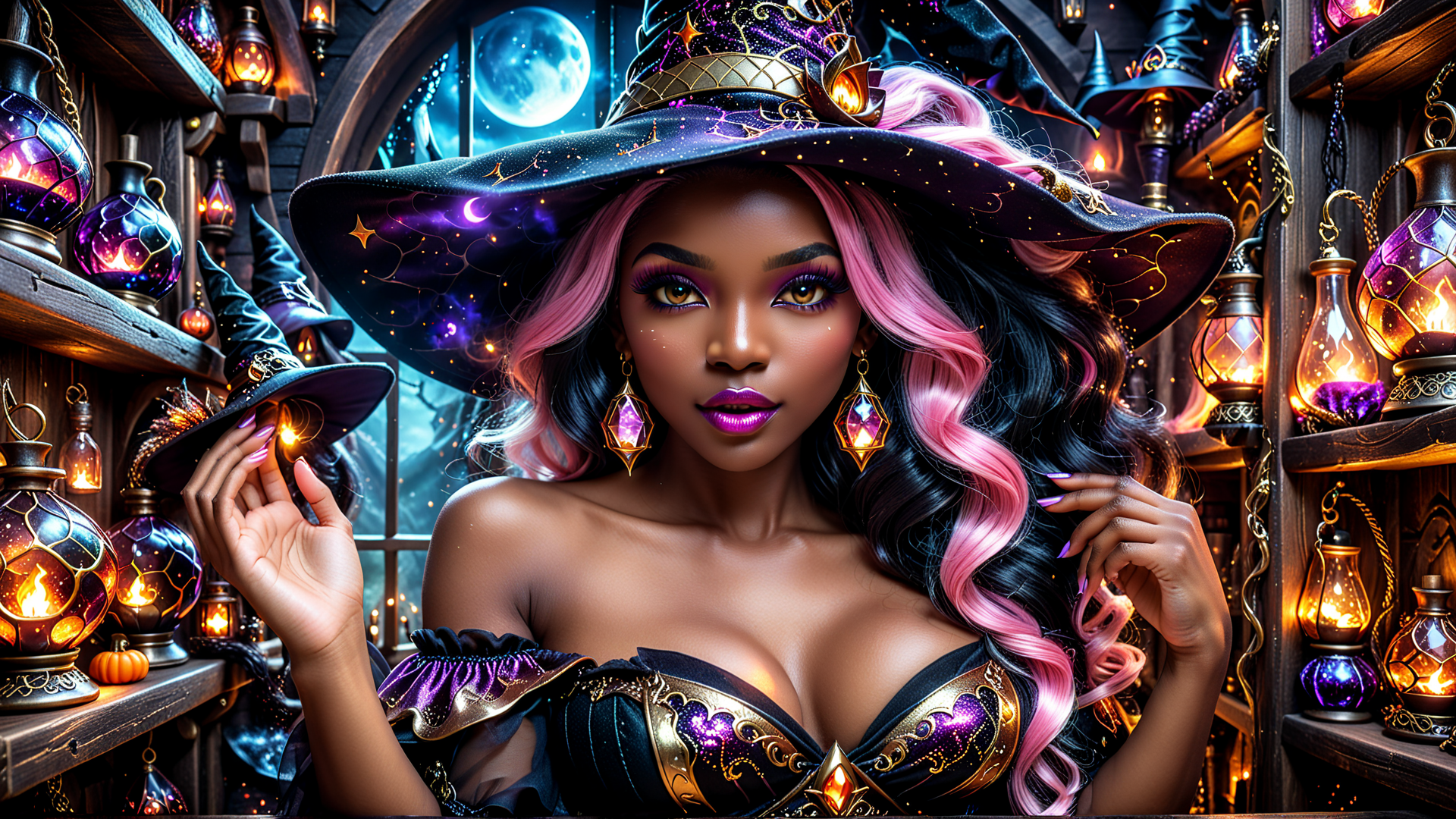 AI generated wallpaper featuring witch, hat, lamps, moon, hair, dress, earrings, bookshelves, candle, stars