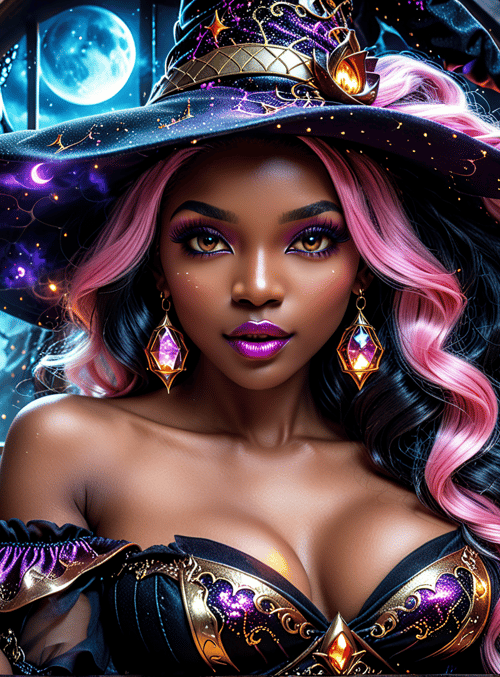 witch, hat, lamps, moon, hair, dress, earrings, bookshelves, candle, stars