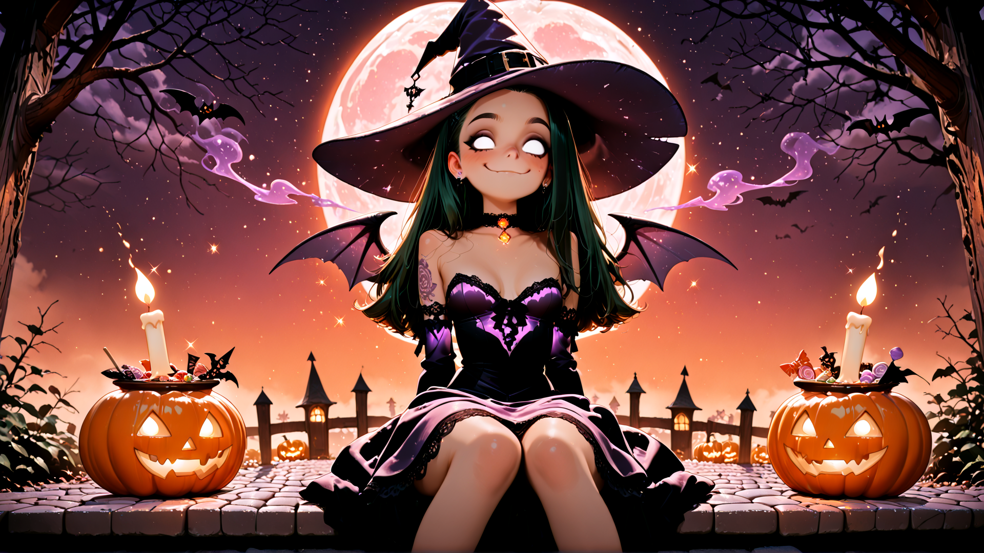 AI generated wallpaper featuring witch, pumpkin, candle, bat, moon, tree, castle, ghost, candy, dress