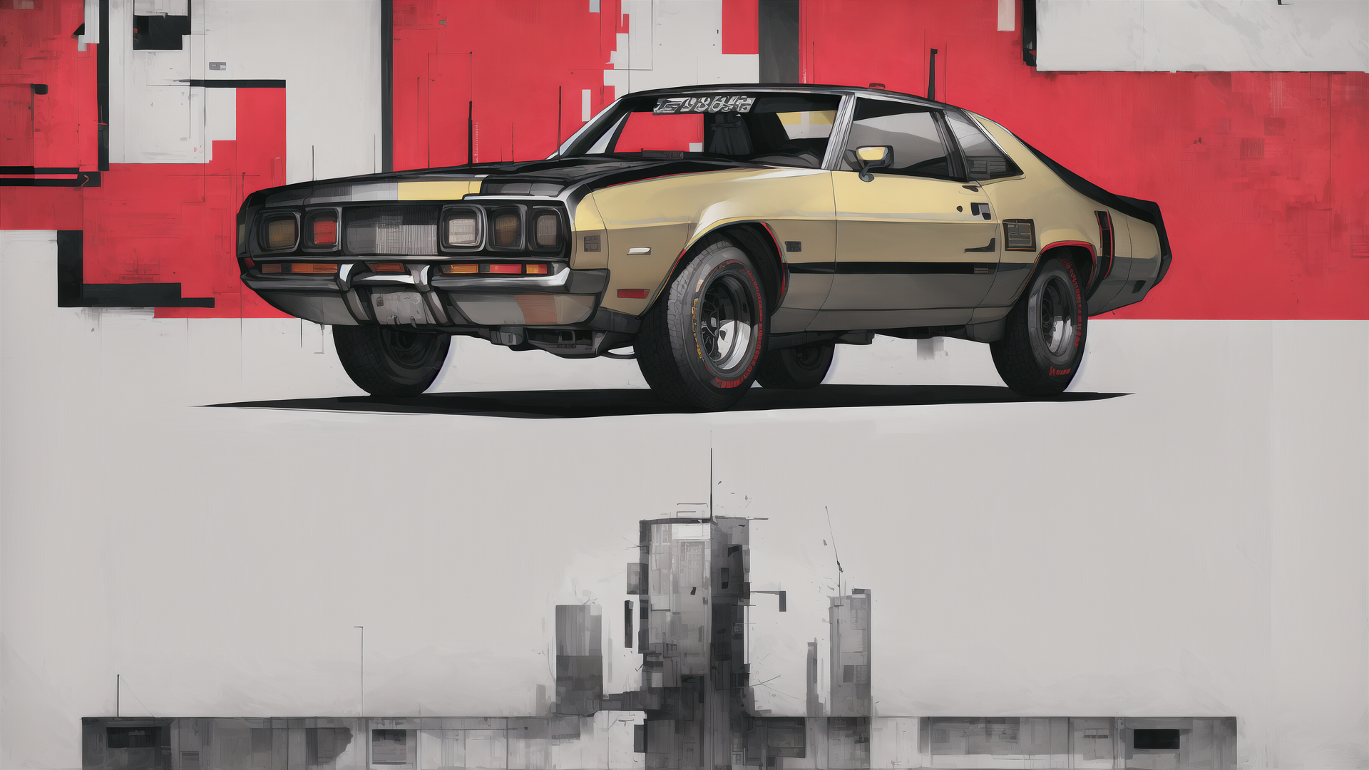 AI generated wallpaper featuring car, wall, cityscape, building
