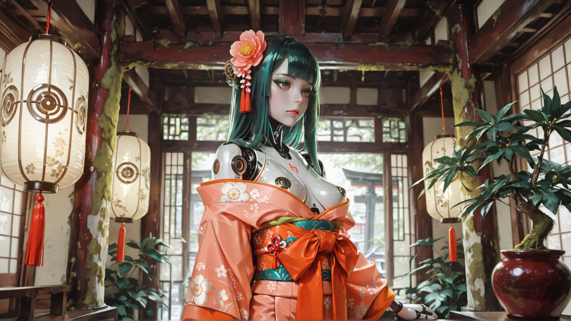 AI generated wallpaper featuring robot, kimono, lantern, flower, building