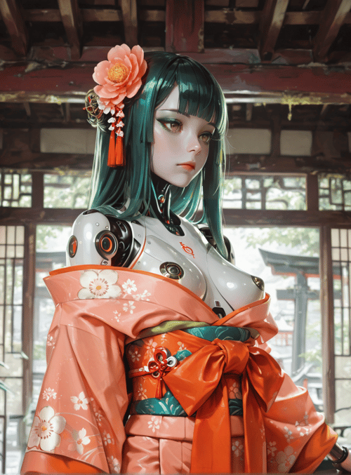 robot, kimono, lantern, flower, building