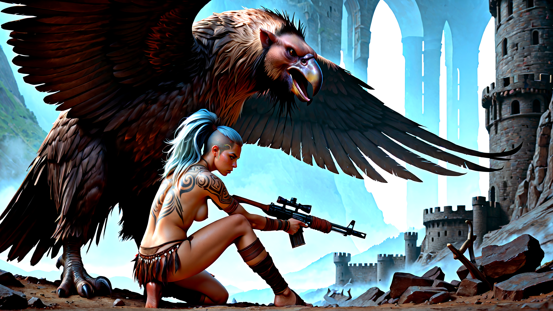 AI generated wallpaper featuring eagle, woman, castle, weapons, tattoo, wings, swords, rock, mountain, arch