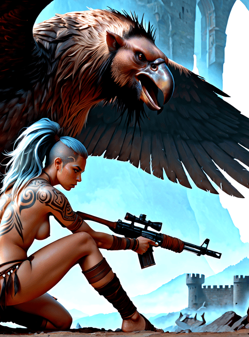 eagle, woman, castle, weapons, tattoo, wings, swords, rock, mountain, arch